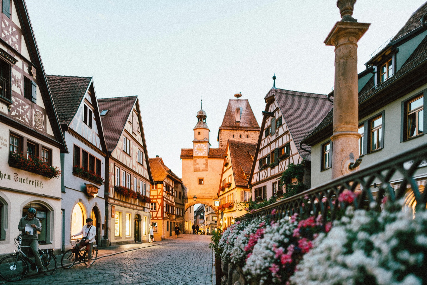Half-timbered German town buildings in warm evening light